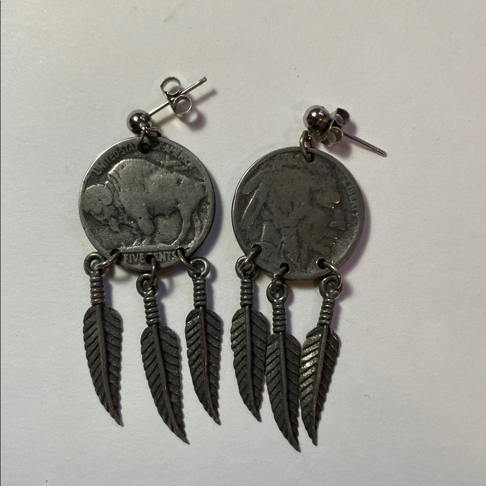 Buffalo Nickle Silver Coin Dangle Earrings with Feather Charms